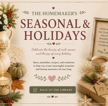 The Homemaker's Seasonal and Holidays guide featuring a cozy fall flat lay with pumpkins, candles, and gifts.