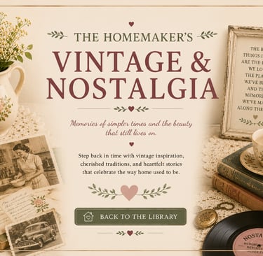 Vintage homemaker nostalgia collage with old family photos, antique books, and a vinyl record.