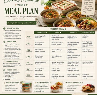 Weekly meal plan template with a grocery list and freezer meal prep guide featuring healthy recipes.