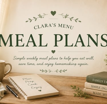 Weekly meal plans page featuring simple homemade meals, grocery lists, Sunday prep guides, and freez