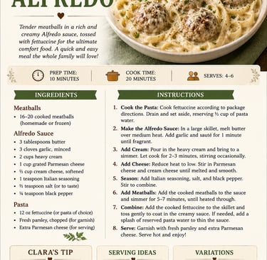 Creamy meatball alfredo recipe card with ingredients and instructions for fettuccine pasta in a white cream sauce.