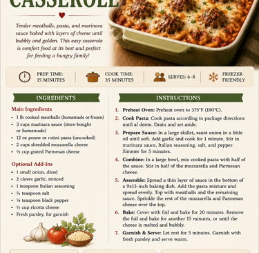 Recipe card for a cheesy meatball casserole with pasta, marinara sauce, and melted mozzarella cheese.