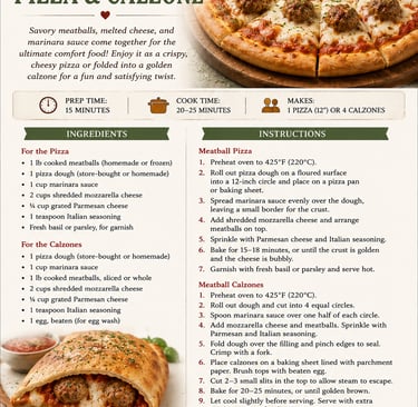 Recipe card for homemade meatball pizza and calzones with ingredients, cooking instructions, and variations.