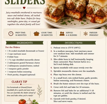 Easy & Cheesy Meatball Sliders recipe card with ingredients and instructions. Homemade meatballs, marinara, and melted