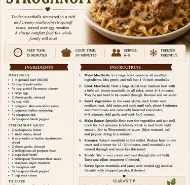 Printable recipe card for Comforting and Creamy Meatball Stroganoff featuring ingredients, instructions, and serving ideas.