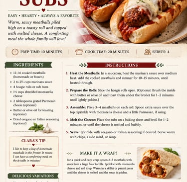 Recipe card for classic meatball subs with marinara sauce and melted cheese on toasted rolls.