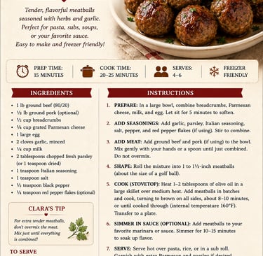 Recipe infographic for classic juicy homemade meatballs featuring ground beef, herbs, and cooking instructions.