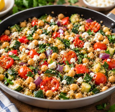 A Mediterranean quinoa skillet with chickpeas, zucchini, cherry tomatoes, and feta cheese.