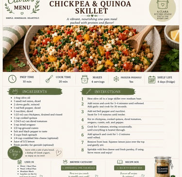 Recipe card for Mediterranean Chickpea and Quinoa Skillet showing a vibrant bowl of vegetables and grains.