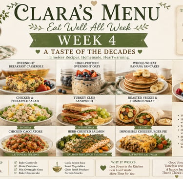 Weekly meal plan titled Clara's Menu featuring a variety of healthy homemade recipes and meal prep tips.