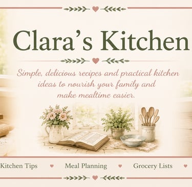 Rustic farmhouse kitchen banner for Clara's Kitchen featuring a pink dutch oven and vintage recipe book.