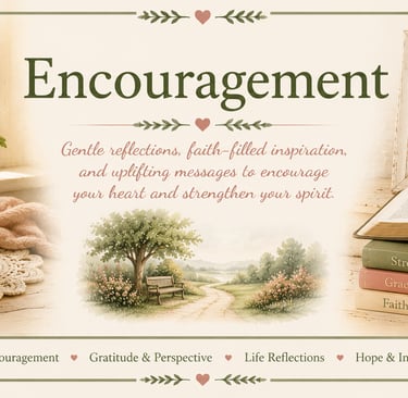 Christian encouragement banner with Bible verses, flowers, coffee, and a peaceful landscape.