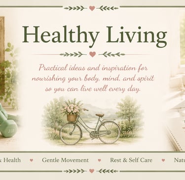 Healthy living banner with fresh fruit, dumbbells, wellness books, and a self-care checklist for holistic health.