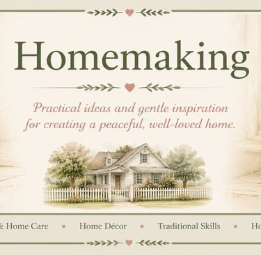 Vintage homemaking banner featuring a cottage illustration, flowers, and tips for home management and decor.