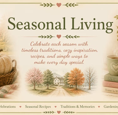 Seasonal living banner with cozy home decor, pumpkins, coffee, and books for holiday inspiration.