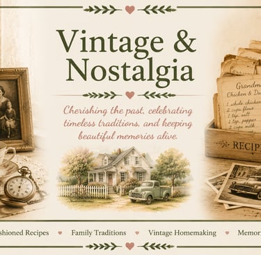 Vintage nostalgia collage featuring old family photos, recipe cards, and antique keepsakes.