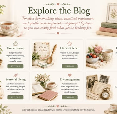 Vintage-style blog homepage featuring categories for homemaking, seasonal living, and healthy lifestyle tips.