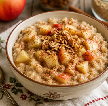 Bowl of apple cinnamon oatmeal topped with fresh apples and homemade granola.