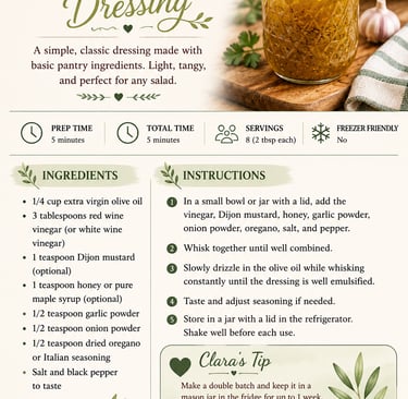 Homemade oil and vinegar salad dressing recipe card with ingredients and step-by-step instructions.