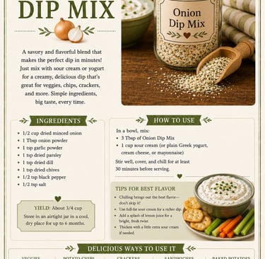 Recipe infographic for homemade onion dip mix with ingredients, instructions, and serving suggestions like chips and veggies.