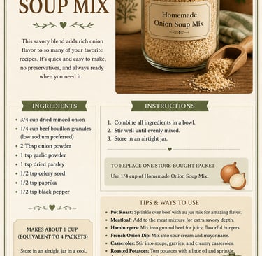 Recipe card for homemade onion soup mix with ingredients, instructions, and a glass jar of dry seasoning.