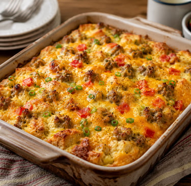 Sausage and egg breakfast casserole with melted cheddar cheese and green onions in a baking dish.