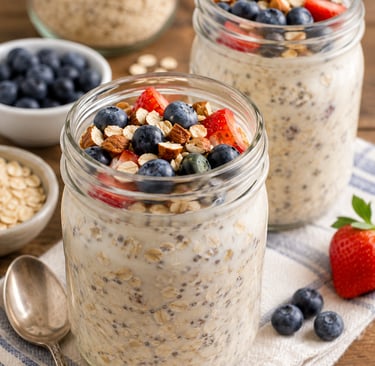 Healthy overnight oats in glass jars topped with fresh blueberries, strawberries, and almonds.