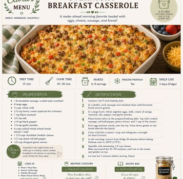 Overnight breakfast casserole recipe card with sausage, eggs, cheese, and red peppers.