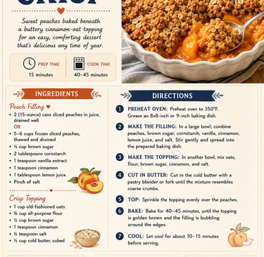 Recipe card for a homemade peach crisp with cinnamon oat topping and simple step-by-step baking directions.