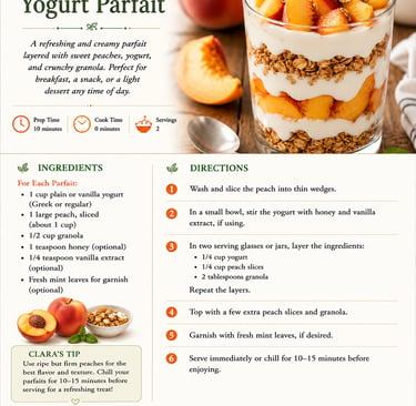 Layered peach yogurt parfait recipe with fresh fruit, granola, and yogurt in a glass jar.