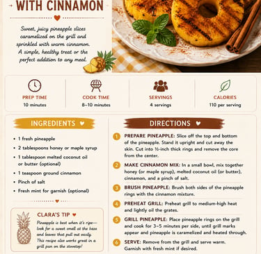 Recipe infographic for grilled pineapple with cinnamon featuring caramelized fruit rings and cooking instructions.