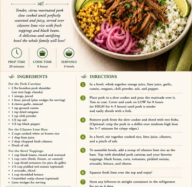 Recipe card for a pork carnitas bowl with slow-cooked shredded meat, cilantro lime rice, avocado, and corn.
