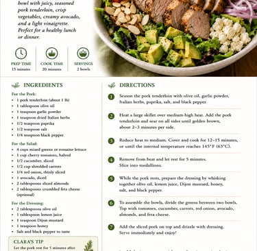 Recipe infographic for a Pork Tenderloin Salad Bowl with ingredients, directions, and healthy meal prep tips.