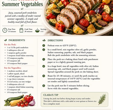 Sliced roasted pork tenderloin served on a platter with colorful zucchini, peppers, and red onions.