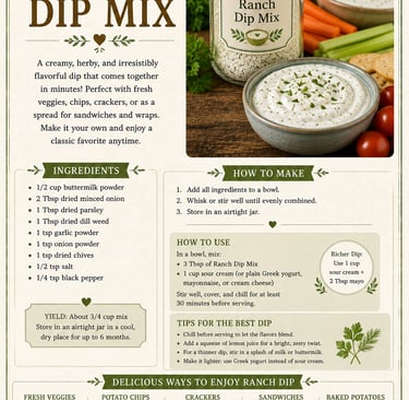 Recipe infographic for homemade ranch dip mix with ingredient list, mixing instructions, and serving ideas for fresh