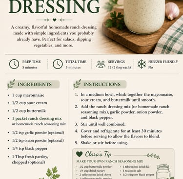 A detailed recipe card for homemade creamy ranch dressing with a list of ingredients and preparation steps.