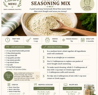 Recipe infographic for a homemade ranch seasoning mix with ingredients list and preparation instructions.