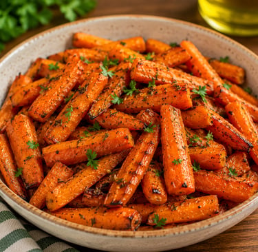 A bowl of honey roasted carrots garnished with fresh parsley on a wooden table.