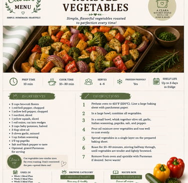 A recipe card for roasted vegetables featuring a tray of seasoned peppers, zucchini, and onions.