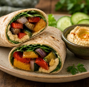 Two roasted vegetable wraps with hummus and fresh greens served on a plate with sliced cucumbers.