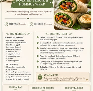 Recipe card for roasted vegetable and hummus wrap with ingredients, instructions, and healthy meal prep tips.