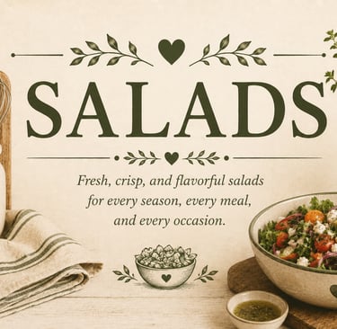 Vintage salad recipe category header with fresh vegetables and farmhouse kitchen décor highlighting 