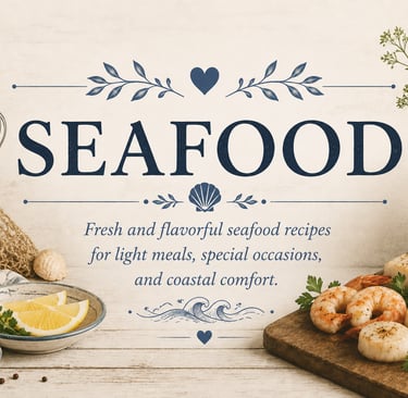 Vintage seafood recipe category header with cozy coastal farmhouse styling featuring fresh and simpl