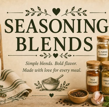 Vintage seasoning blends recipe category header with jars of herbs and spices in a cozy farmhouse ki