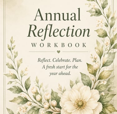 Annual Reflection Workbook cover featuring elegant watercolor floral illustrations and botanical leaves.