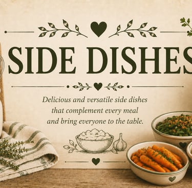Vintage side dishes recipe category header with cozy farmhouse kitchen styling featuring simple home