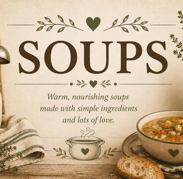 Vintage soup recipe category header with cozy farmhouse kitchen styling featuring homemade soups for