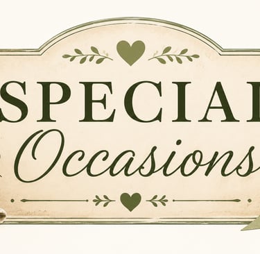 Rustic Special Occasions sign with white hydrangea flowers and a lit candle in a gold holder.