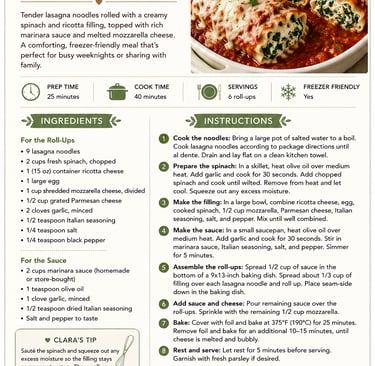 Recipe card for spinach lasagna roll-ups featuring a photo of baked pasta rolls with marinara and melted cheese.