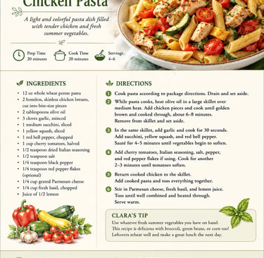 Summer vegetable chicken pasta recipe card with penne, grilled chicken, zucchini, and cherry tomatoes.